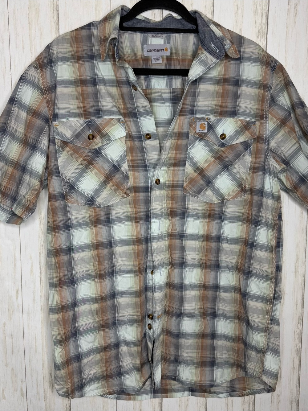 Carhartt Men's Short Sleeve Plaid Brown, Gray Medium